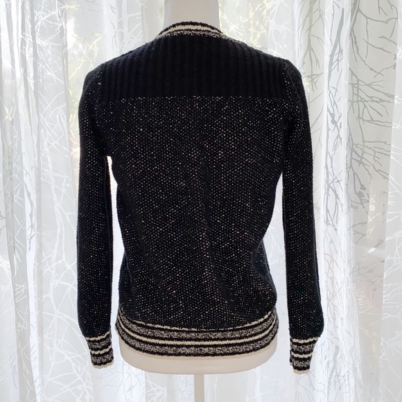MAJE FIERE black knit white stripe trim crewneck zipper shoulder detail sweater - Picture 4 of 12